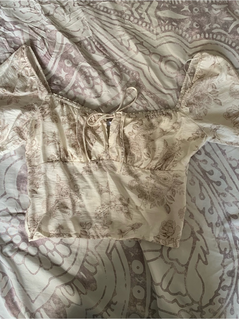 Love Tree Cream Floral Off-Shoulder Tie-Front Crop Top